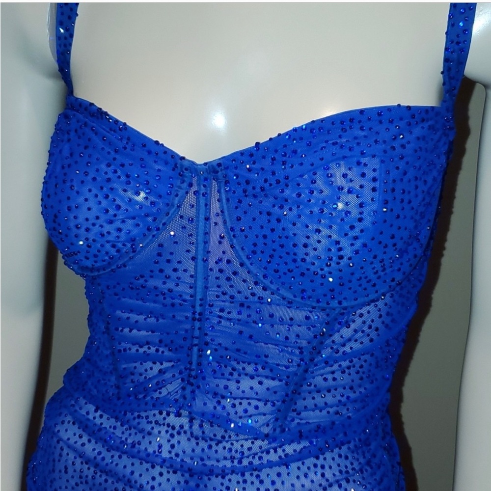 NWT Fashion Nova Royal Blue Rhinestone Crystal Sexy Sheer Mini Dress Jewel Tone - Picture 3 of 6